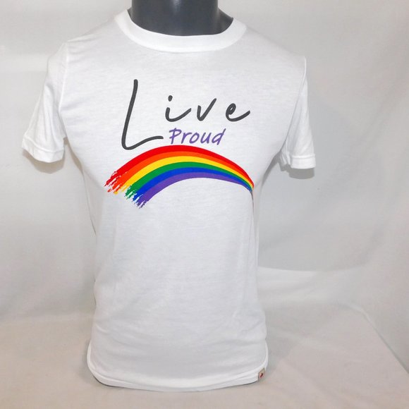 Stanfields LIVE PROUD Free to Be Me Mens S White LGBT Rainbow Shirt NEW w Tag - Picture 1 of 10